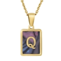 Golden stainless steel square shell pendant necklace featuring letter Q with swirl pattern - Colorful Shell Q