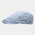 Close-up of light blue twill cotton flat cap with vintage metal adjustable buckle detail - One Size(Adjustable) / Light Blue