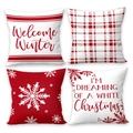 Lot de 4 housses de coussin de Noël avec motifs de flocons rouges et blancs et texte - Flocon de Neige de Noël Welcome