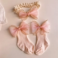 Pink lace baby headband and non-slip socks set with organza bows for infant girls - (Pink) Gold Edged Mesh Bow Set