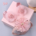 Pink lace baby headband and matching floral barefoot sandals with sequins and gemstones - Style 9 (Pink Flower/Pink Gold Polka Dot)
