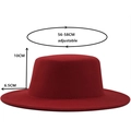 Dark red wool felt flat top hat with wide brim, adjustable size for men and women - M (56-58cm) / Red