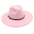 Detailed side view of a classic pink wool felt fedora hat with a black belt buckle band - Pink (Belt Style)