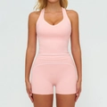 Ensemble de yoga rose deux pièces avec coutures contrastées blanches, brassière et short - S / Haut Et Bas / Débardeur + Short / Rose Pêche