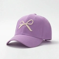 Close-up of beige 3D bow embroidery on light purple twill cotton baseball cap - One Size / Purple