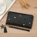 Women's black PU leather wallet featuring heart embroidery and a fringe tassel charm - Black Long Style (Heart Embroidery)