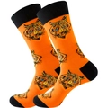 Mid-calf socks in orange with all-over tiger print, black heel and toe accents - Size 39-45 / Orange Tiger