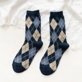 Navy blue argyle wool socks with camel and grey-blue patterns on a knit background - One Size / Navy Blue