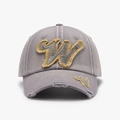 Gray vintage baseball cap with yellow W embroidery and distressed torn brim details - Smoke Gray (24A226)
