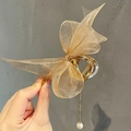Golden hair claw clip with cream organza bow and hanging white pearl pendant - Lace Tassel