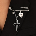 Silver punk safety pin brooch with heart, cross pendants and chains on black blazer - Black Cross Bell Style (5963)