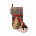 Calza di Natale a quadri rossi e verdi con bordo in ecopelliccia e motivi di renne - Stile Alce