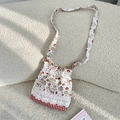 Detail of cartoon apple print crossbody bag with lace trim and red gingham accents - Cat Angel Style