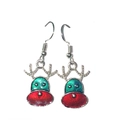 Close-up of Christmas reindeer earrings with red and green enamel on silver hooks - Classic Red Green Reindeer