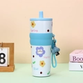 Blue kids tumbler with straw, floral pattern, blue strap and cloud pendant charm - Blue UV Doll