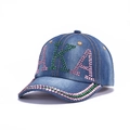Blue denim baseball cap with sparkling rhinestone AKA design on a white background - 26-AKA Colorful Rhinestone-Medium Blue