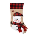 3D snowman Christmas stocking with red black plaid trim and burlap texture on white background - Snowman