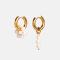 Elegant asymmetrical gold hoop earrings with clustered and dangling white pearls - JDE201776-Asymmetric Pearl String Earrings