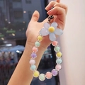 Handheld macaron colored beaded phone wrist strap with blue flower charm and metal hook - Blue Flower Multicolor Beads