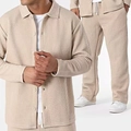 Men's casual waffle knit lounge set with lapel shirt and drawstring pants in beige - M / Khaki