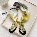Elegant floral silk-feel scarf in ginger yellow and beige with bird print pattern - Cherry Blossom Sea Yellow