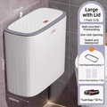 Slim white 13.5L narrow bathroom trash can with grey lid and vertical stripe texture - Large Wall-mounted + 30 Bags (13.5L)