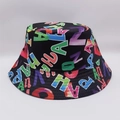 Detail of a black bucket hat featuring colorful ALOHA and HAPPY letter prints - Black Colorful Letters