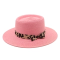 Detail of hand-woven pink straw boater hat with a stylish leopard print ribbon bow - M (56-58cm) / Dusky Pink