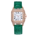 Detail of rose gold square watch case with white crystals and green leather strap - Square Quartz Watch / Green