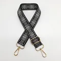 Close-up of 3.8cm jacquard canvas shoulder strap with geometric pattern and gold buckles - Black Dark Grey Gold Hook