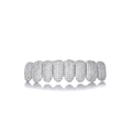 Macro detail of silver hip hop grillz featuring iced-out white zircon pave settings - Silver (Lower Teeth)