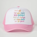 Pink and white trucker hat with religious faith quote on sponge foam front panel - Pink