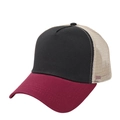 Side view of mesh trucker hat with black front panel, burgundy brim and beige back mesh - Adjustable / Burgundy Black