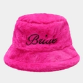 Hot pink faux fur bucket hat with black Bride embroidery for winter outdoor weddings - M (56-58cm) / Rose Red