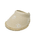 Detail of straw visor with daisy embroidery and frayed edges for summer sun protection - M (56-58cm) / Beige