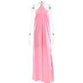 Dettaglio posteriore dell'abito lungo in raso rosa con elegante taglio senza schienale - S / Rosa