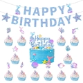 Blue and purple mermaid birthday party decoration set with glitter banners and toppers - Mermaid (Banner, Large Topper, Small Toppers)