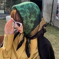 Elegant vintage scarf with green floral and leopard print worn with a yellow shirt - Emerald Green Leopard