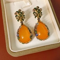 Detail of vintage teardrop earrings with orange stones and colorful rhinestones - Orange (Silver Needle)