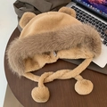Bonnet à oreilles d'ours marron en peluche douce avec pompons pour l'hiver - Taille unique / Kaki