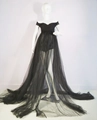 Elegant black off-shoulder lace and mesh maxi dress for maternity and evening wear - M / Black