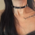 Black leather choker necklace with metal cross rivets for a punk Y2K aesthetic look - Black Leather Multi-Cross Rivet Necklace (X3817B)