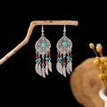 Bohemian tassel earrings in vintage silver with turquoise main stone and feather charms - Retro Silver + Turquoise Feather (E1225-4)