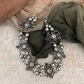 Y2K vintage silver choker necklace featuring cat eye stones and grey pearls - Grey Cat Eye Stone Pearl Necklace