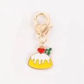 Cute yellow pudding cake keychain with golden lobster clasp and red heart charm - Heart Cake