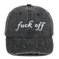 Berretto da baseball vintage antracite consumato con ricamo Fuck Off e strappi - Regolabile / Nero Invecchiato