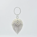 Spherical white pearl and silver rhinestone evening clutch bag with ring handle and tassel - 17cm x 12.5cm x 29cm / Silver