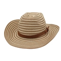 Men's western cowboy straw hat with striped weave and brown leather decorative band - One Size(56-58cm) / Camel Beige Striped + Yellow Wind Rope