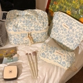 Three-piece quilted cosmetic bag set in cream with blue floral patterns and handle - Large / Blue Floral