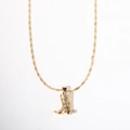Golden cowboy boot pendant necklace with twisted chain and small cubic zirconia stones - Carved Cowboy Boots / Gold